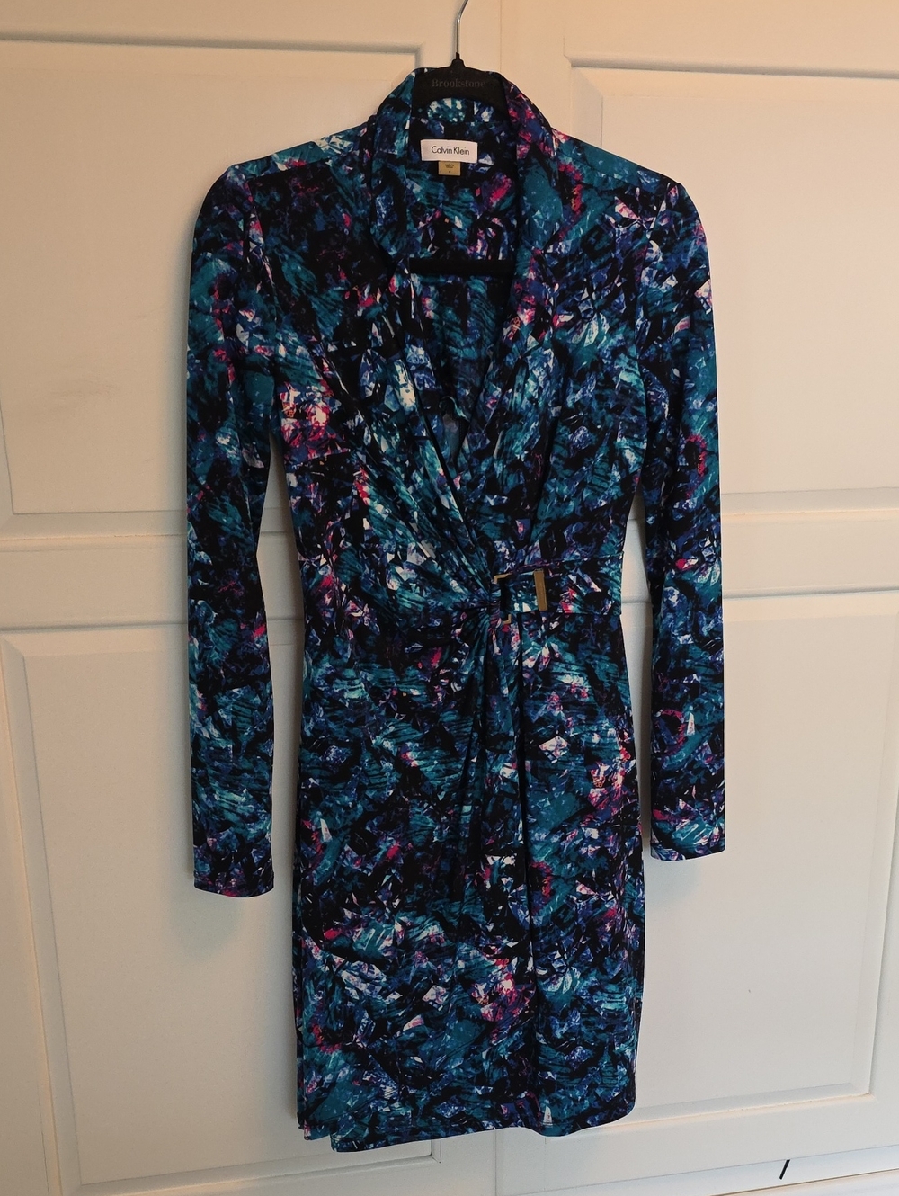 Calvin Klein Long-Sleeve Abstract Teal & Black Wrap Dress